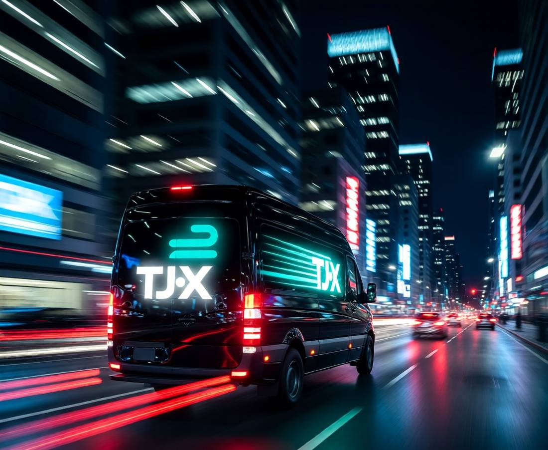TJX van moving through the city at night