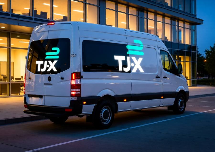 TJX sprinter van at a client facility at dusk