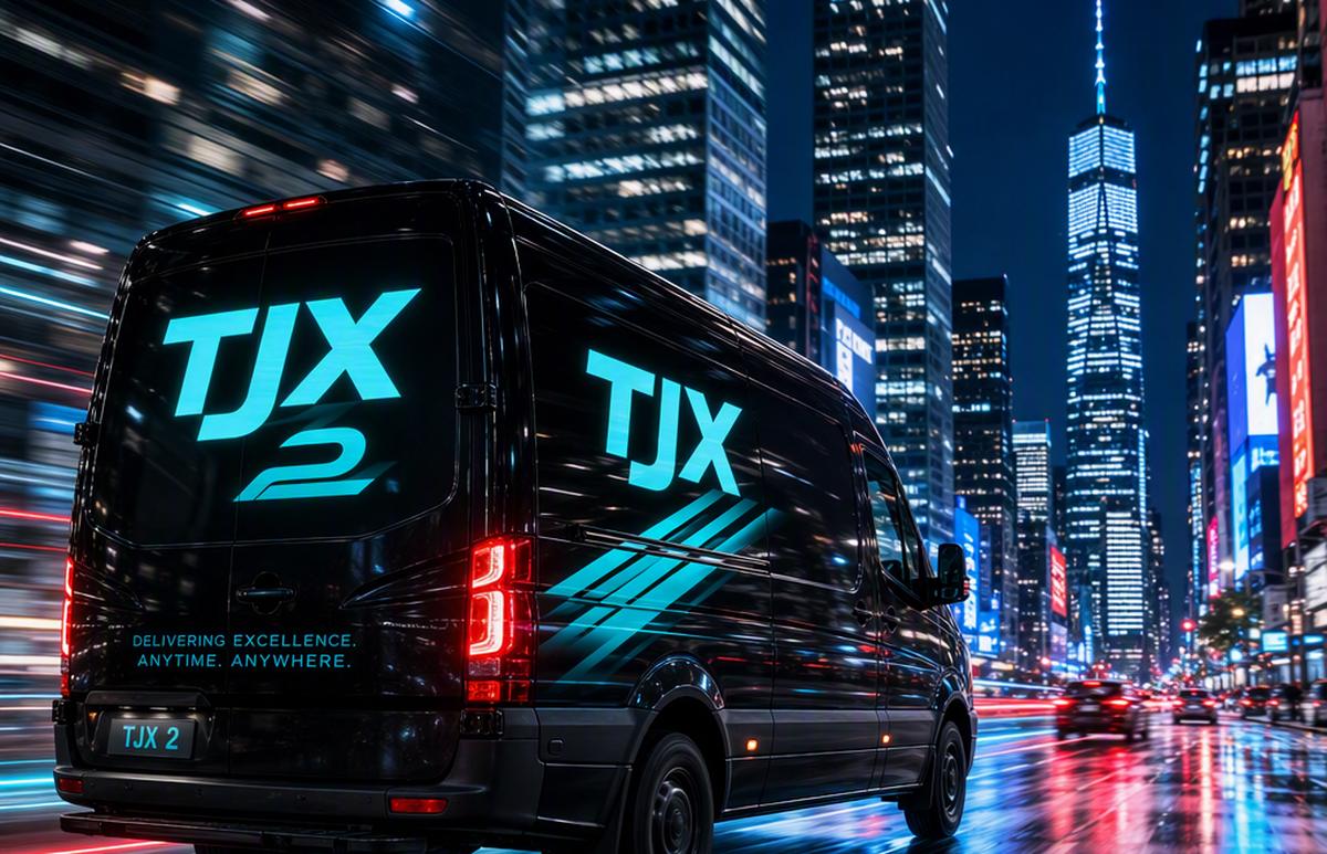 TJX cargo van running a night lane through the city